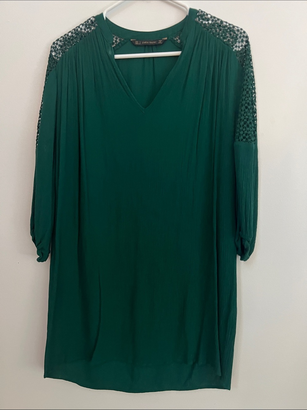 Zara Emerald V-Neck Tunic with crochet Shoulders and sleeve detail